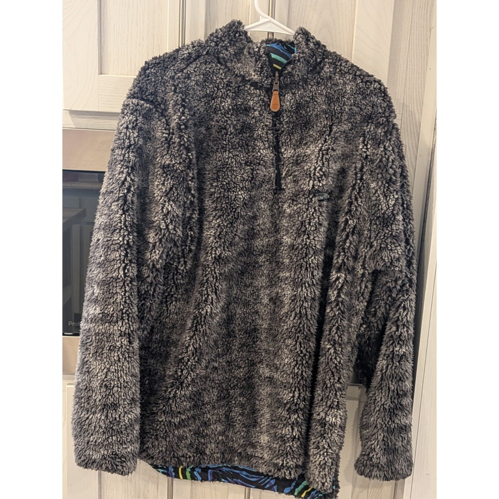 USA Palm Reversible Sherpa Fleece Pullover Men's L Gray Abstract 1/4 Zip Jacket